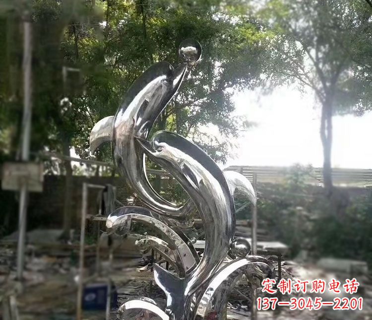 广东不锈钢海豚顶球雕塑