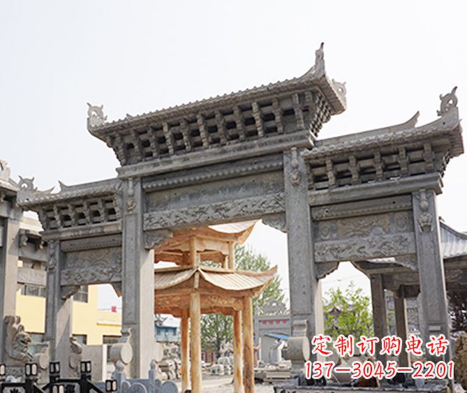 广东村庄大理石三门牌坊石雕