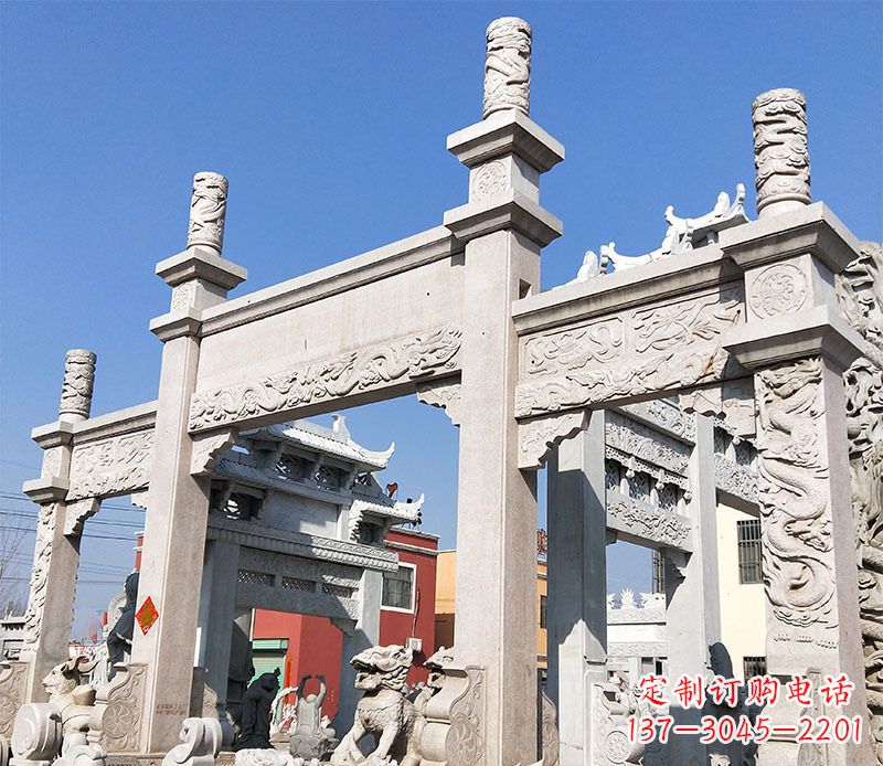 广东村庄三门牌坊石雕_2 (3)