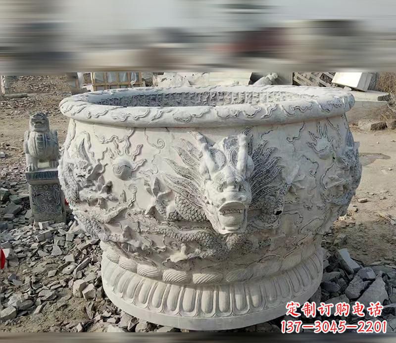 广东大理石龙浮雕水缸