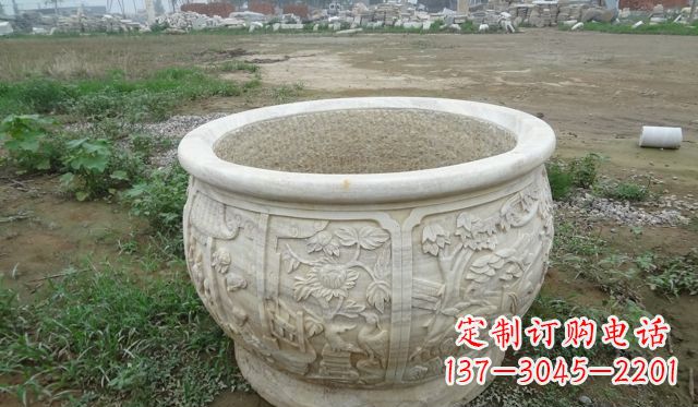 广东大理石鸳鸯园林景观石雕花盆