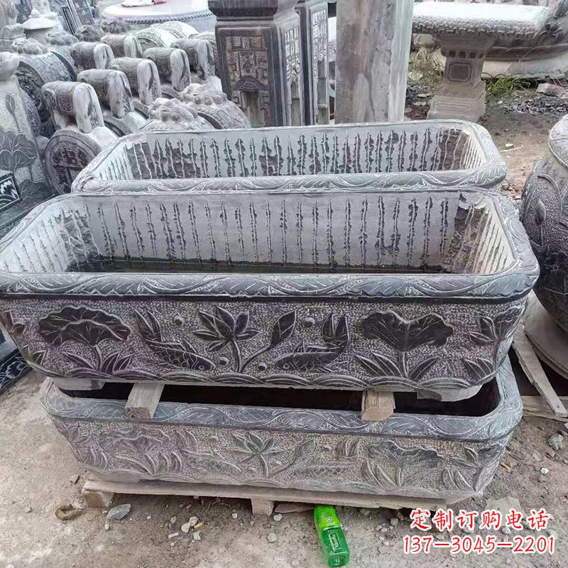 广东方形石槽雕塑,打造完美家庭养鱼石缸