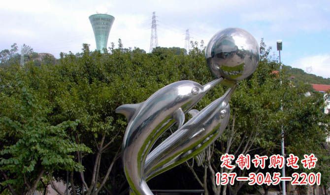 广东高贵静谧的不锈钢海豚顶球雕塑