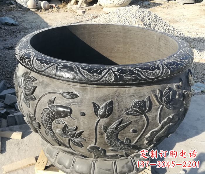 广东公园青石仿古连年有余石浮雕荷花水缸