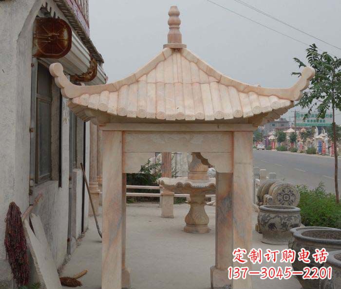 广东精美红六角石凉亭雕塑