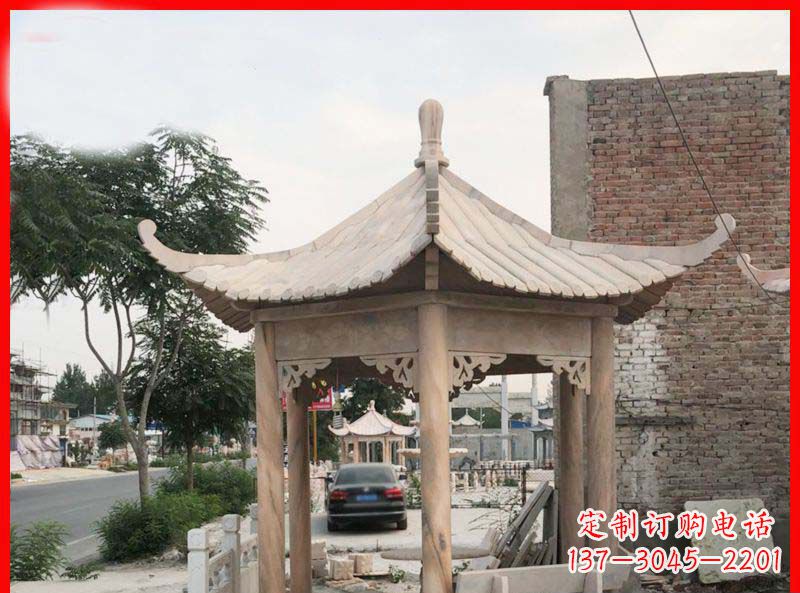 广东公园晚霞红六角石凉亭雕塑