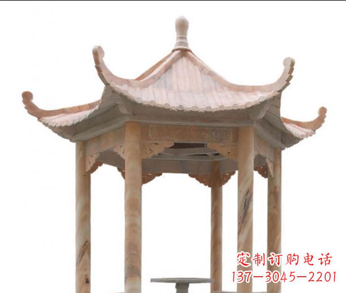 广东美丽而优雅的公园晚霞红六角石凉亭雕塑