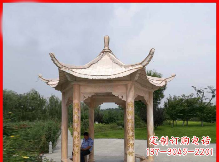 广东晚霞红六角石凉亭雕塑