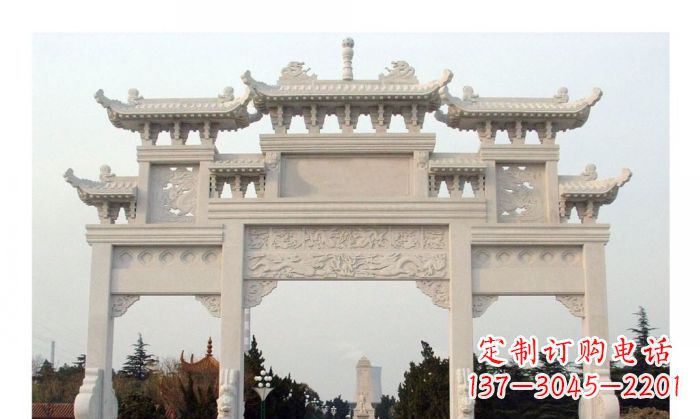广东汉白玉三门石雕牌坊