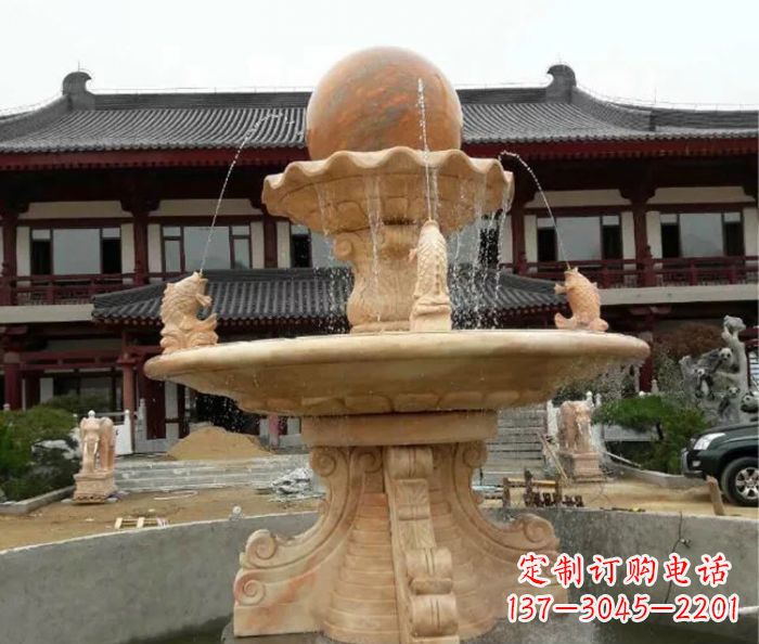 广东双层风水球喷泉晚霞红石雕