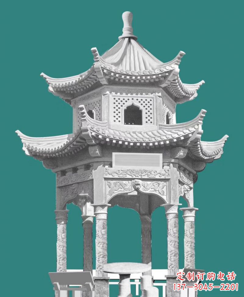 广东双层六角凉亭景观石雕