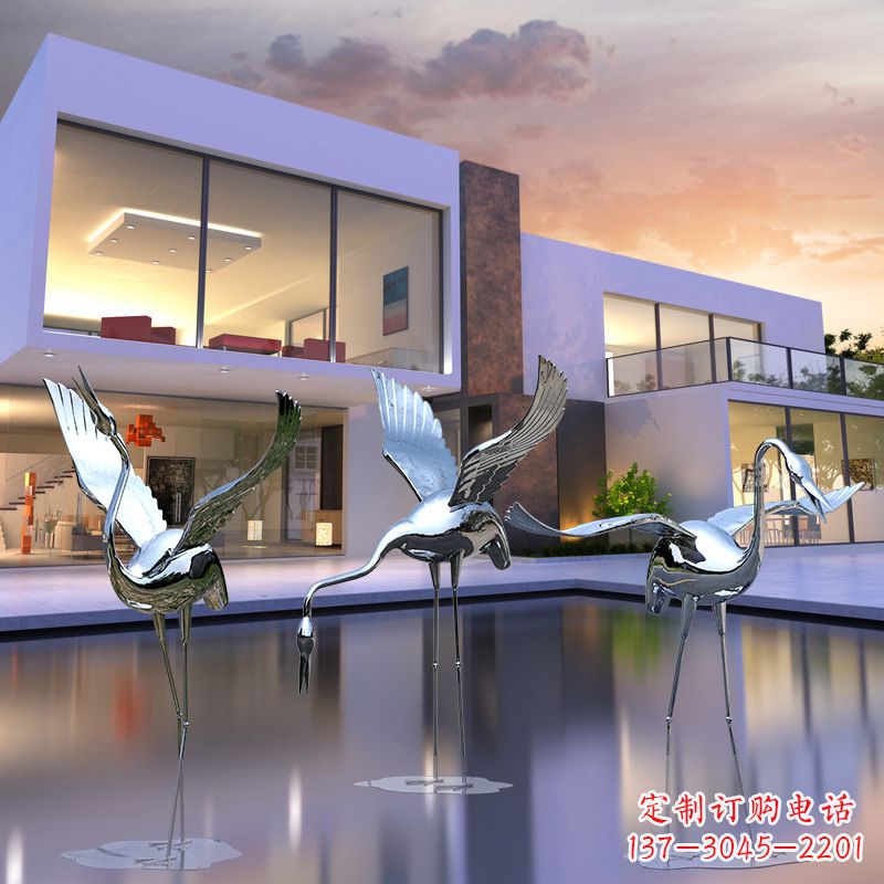 广东水景仙鹤不锈钢镜面雕塑