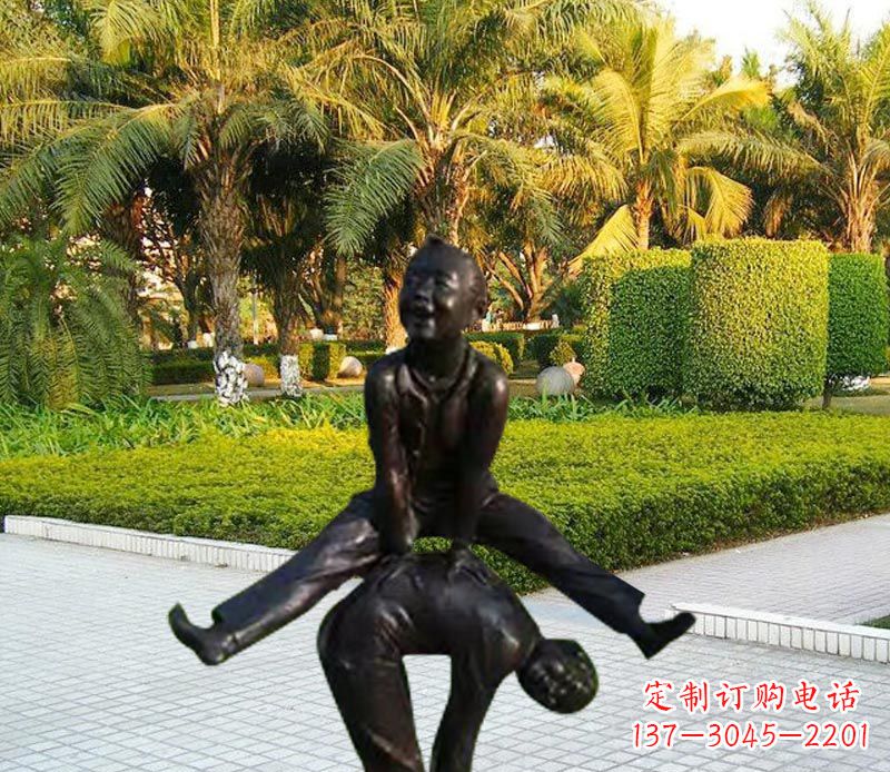 广东跳山羊的儿童铜雕