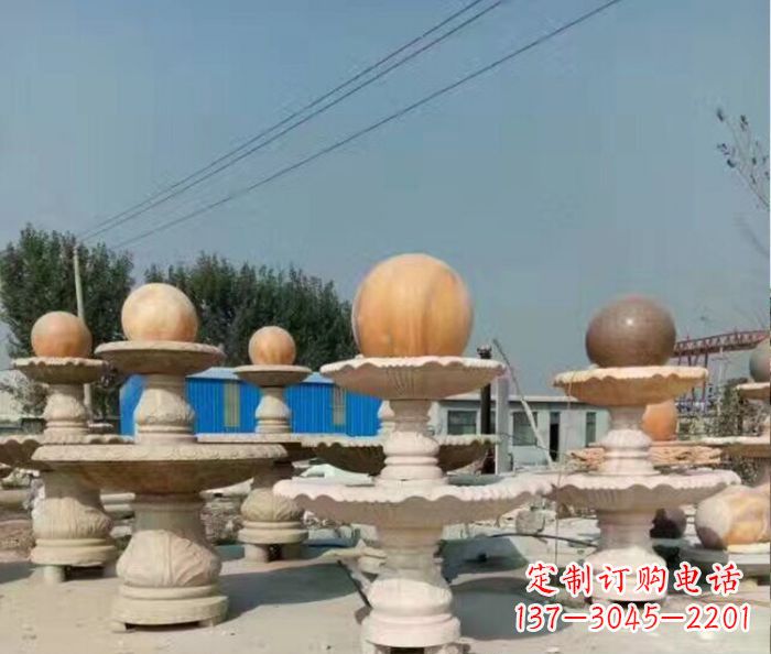 广东晚霞红多层风水球喷泉石雕