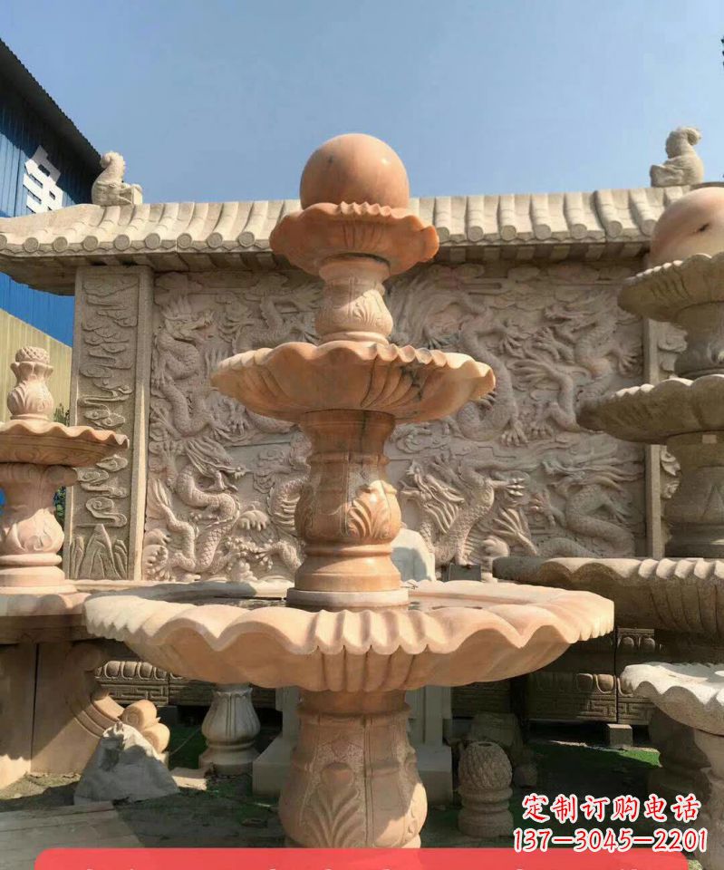 广东晚霞红风水球石雕喷泉