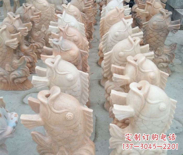 广东晚霞红喷水鲤鱼公园石雕 (2)