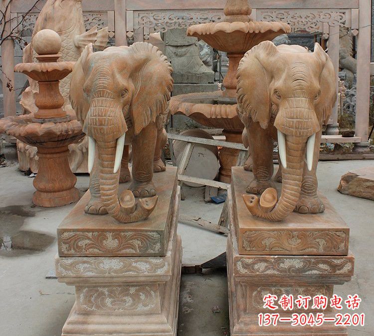 广东晚霞红石雕元宝大象