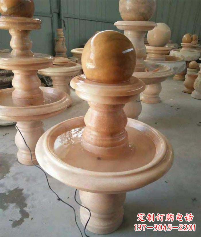 广东晚霞红双层风水球别墅喷泉石雕