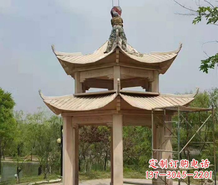 广东晚霞红双层凉亭石雕 (2)