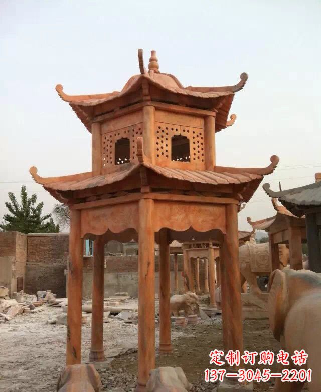 广东晚霞红双层凉亭石雕