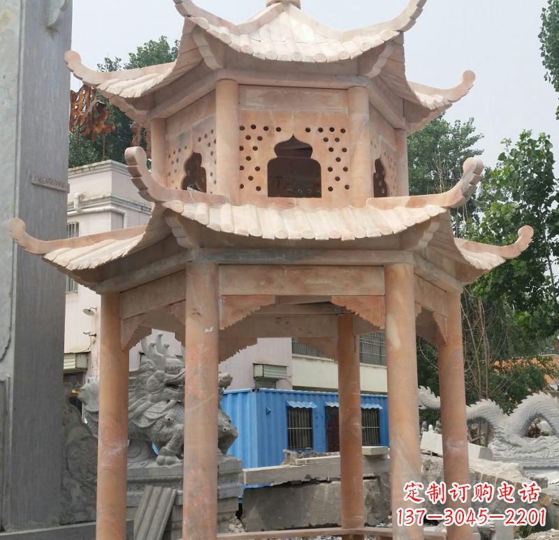 广东晚霞红双层六角凉亭石雕 (2)