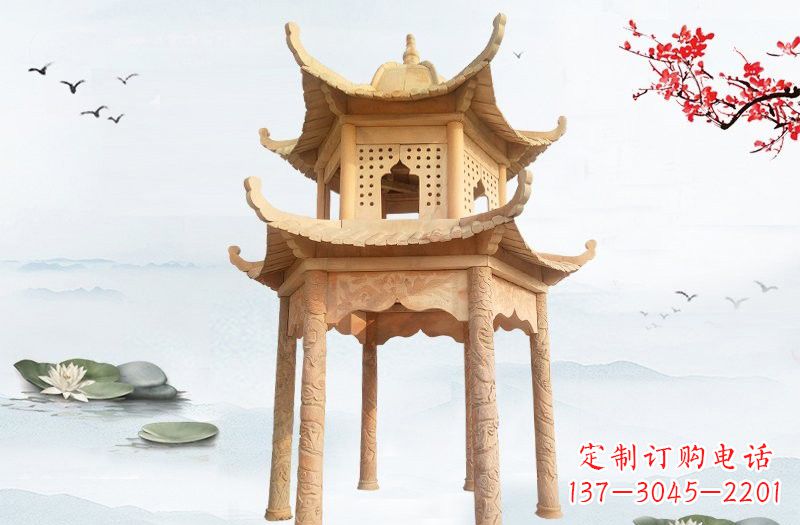 广东晚霞红双层六角凉亭石雕