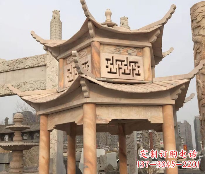 广东晚霞红双层石雕凉亭