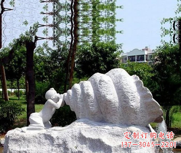 广东小区景观小孩吹螺号石雕