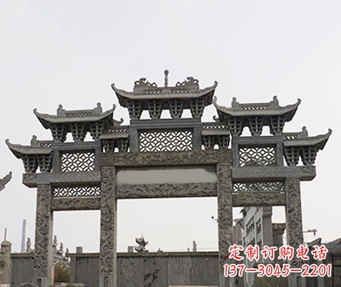 广东园林仿古三门牌坊石雕 (4)