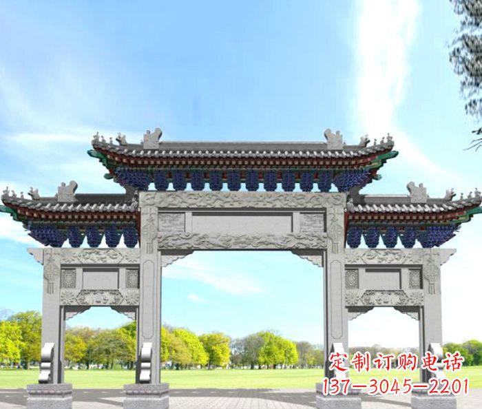 广东园林景观仿古三门石牌坊