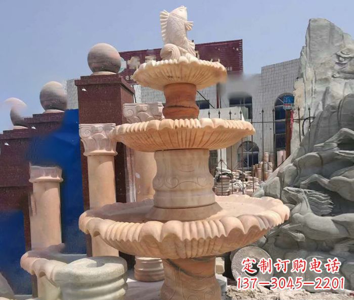 广东园林景观晚霞红鲤鱼喷泉石雕