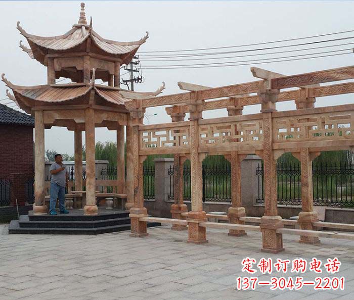 广东园林景观晚霞红凉亭长廊石雕