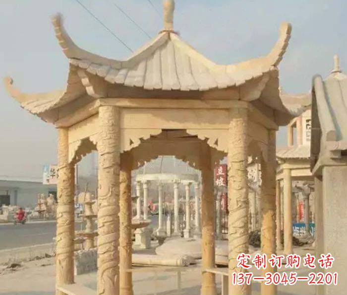 广东园林景观晚霞红六角石雕凉亭 (3)