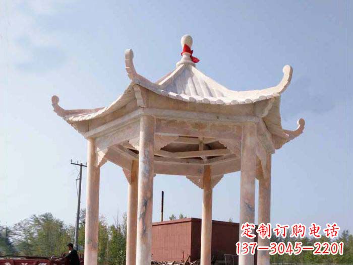 广东园林景观晚霞红六角石雕凉亭