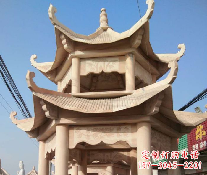 广东园林景观晚霞红双层石雕凉亭 (2)