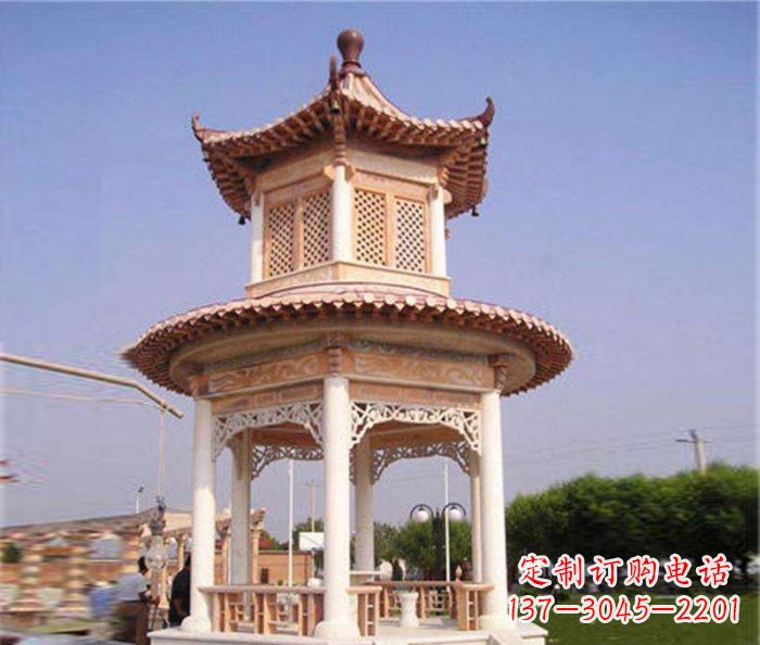 广东园林景观晚霞红双层石雕凉亭 (4)