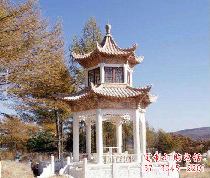 广东园林景观晚霞红双层石雕凉亭 (3)