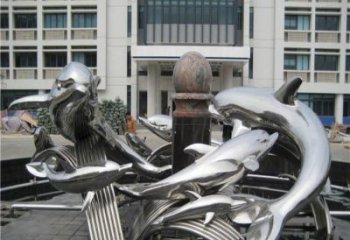 广东校园不锈钢海豚海浪雕塑