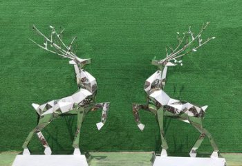 广东梅花鹿雕塑-公园两只不锈钢镜面梅花鹿雕塑